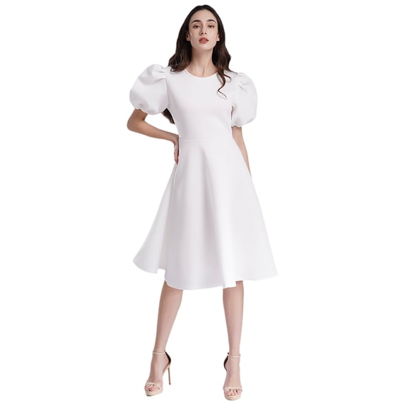 TiaoBug Womens Puff Sleeve Party Dress Babydoll A-Line Flared Evening Dress Formal Prom Gown White M