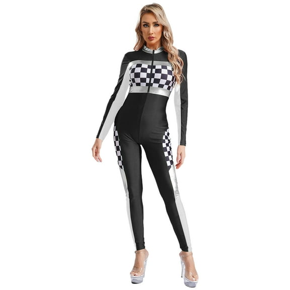 TiaoBug Womens Race Car Driver Long Sleeve Jumpsuit Catsuit Full Bodysuit Halloween Racer Jumper Costume Black S
