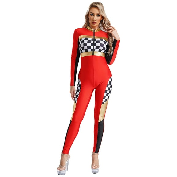 TiaoBug Womens Race Car Driver Long Sleeve Jumpsuit Catsuit Full Bodysuit Halloween Racer Jumper Costume Red M