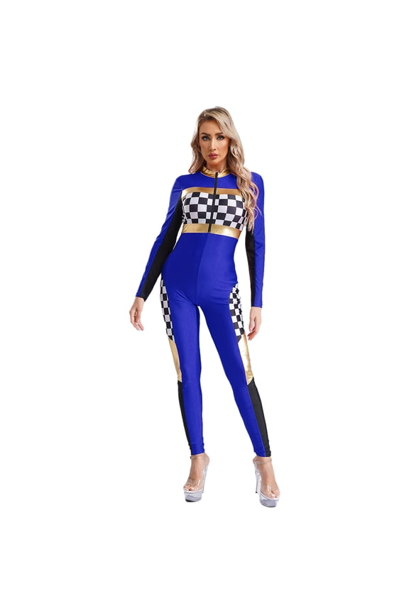 Womens Race Car Driver Long Sleeve Jumpsuit Catsuit Full Bodysuit Halloween Racer Jumper Costume Royal Blue S