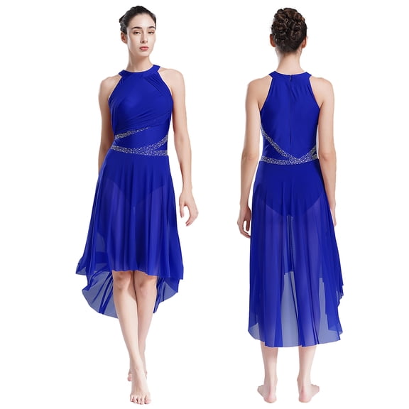 TiaoBug Womens Rhinestone Lyrical Dance Costume Sleeveless Modern Contemporary Asymmertical Dress Blue L