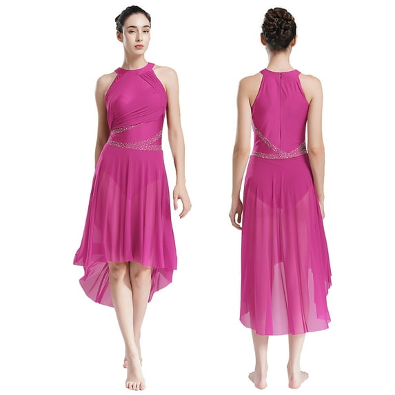 TiaoBug Womens Rhinestone Lyrical Dance Costume Sleeveless Modern Contemporary Asymmertical Dress Hot Pink S