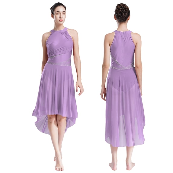 TiaoBug Womens Rhinestone Lyrical Dance Costume Sleeveless Modern Contemporary Asymmertical Dress Light Purple S