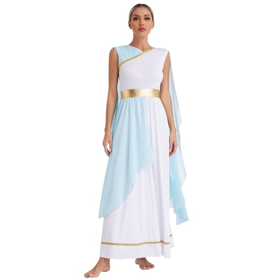 TiaoBug Womens Roman Antique Long Dress Metallic Patchwork Greek Ancient Toga Chiffon Robe Light Blue L