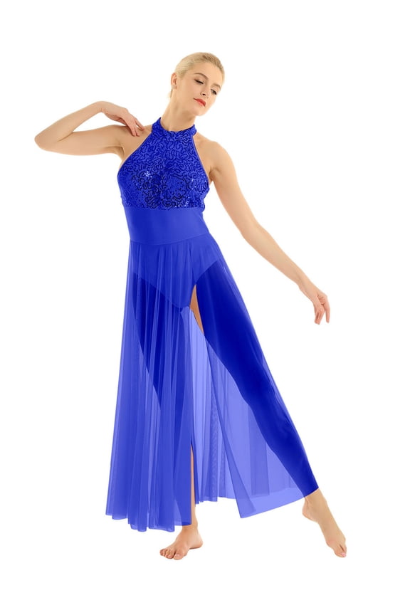 Womens Sequins Halter Ballet Dance Maxi Leotard Dress Lyrical Dance Costume Blue X-Large