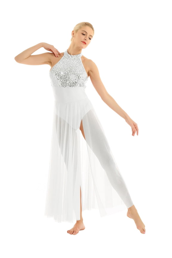 Womens Sequins Halter Ballet Dance Maxi Leotard Dress Lyrical Dance Costume White X-Small