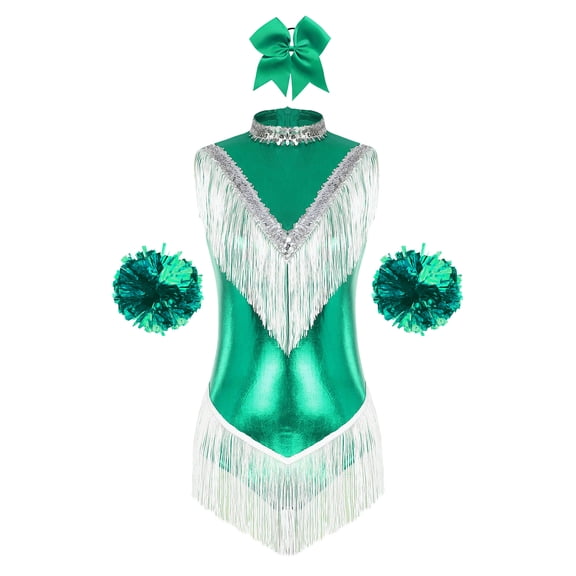 TiaoBug Womens Sequins Jazz Latin Dance Costume Cheerleading Metallic Tassel Leotard Bodysuit Green S