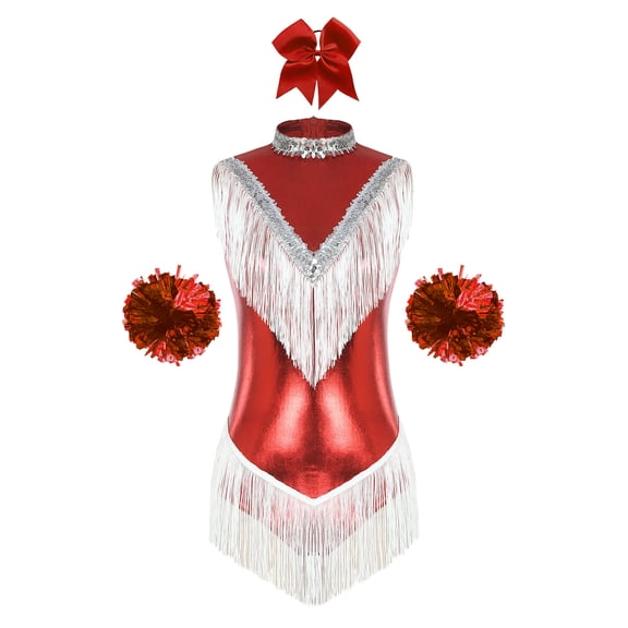 TiaoBug Womens Sequins Jazz Latin Dance Costume Cheerleading Metallic Tassel Leotard Bodysuit Red S