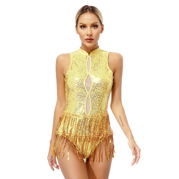 TiaoBug Womens Sequins Latin Jazz Dance Tassel Leotard Bodysuit Dress Fringed Ballroom Dancewear Gold XL