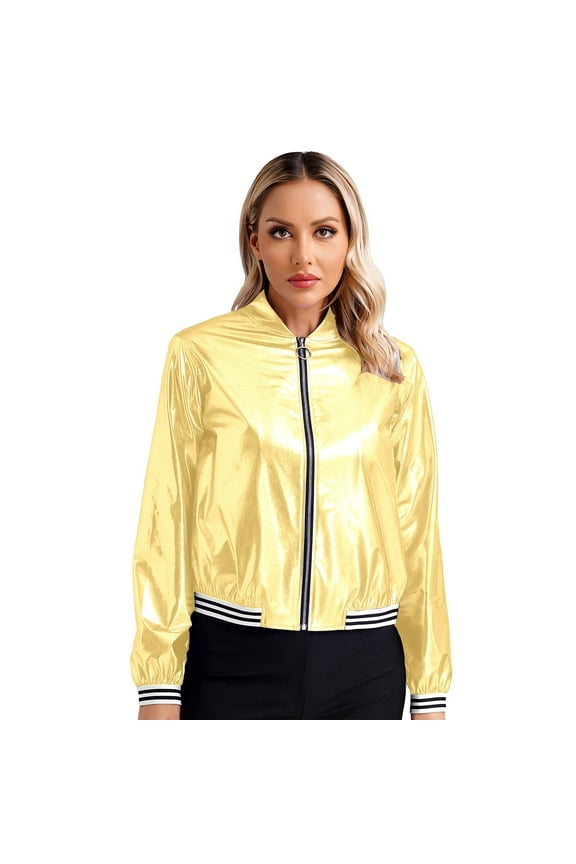 Womens Shiny Metallic Striped Lightweight Zip-up Bomber Jacket Long Sleeve Baseball Jackets Gold XXL