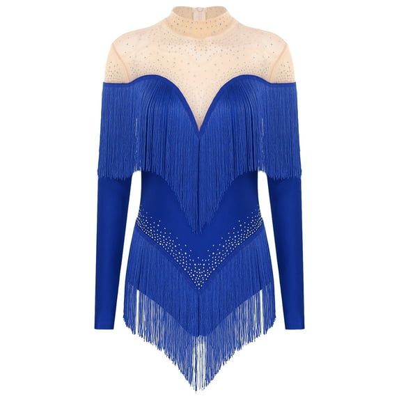 TiaoBug Womens Shiny Rhinestones Leotard Tassel Fringe Latin Jazz Modern Dance Performance Wear Blue XL