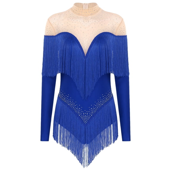 TiaoBug Womens Shiny Rhinestones Leotard Tassel Fringe Latin Jazz Modern Dance Performance Wear Blue XXL