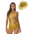 thumbnail image 1 of TiaoBug Womens Shiny Sequin Tassel Leotard Fringe Bodysuit Ballroom Latin Jazz Costumes with Hat Gold L, 1 of 7