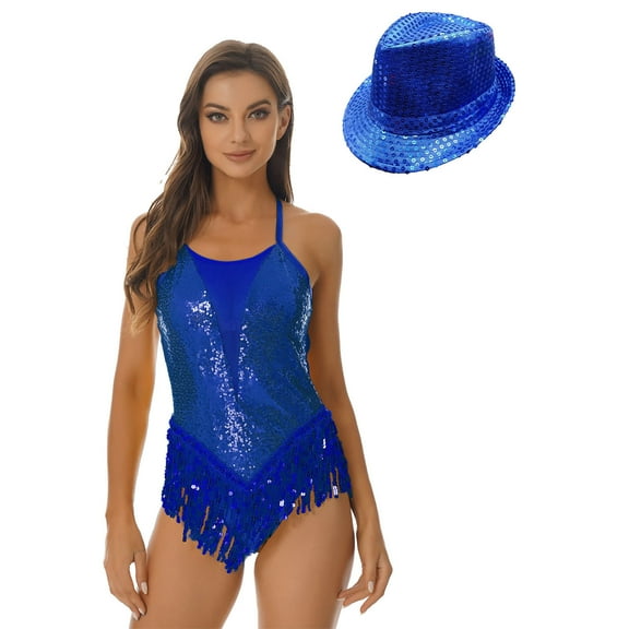 TiaoBug Womens Shiny Sequin Tassel Leotard Fringe Bodysuit Ballroom Latin Jazz Costumes with Hat Royal Blue XL