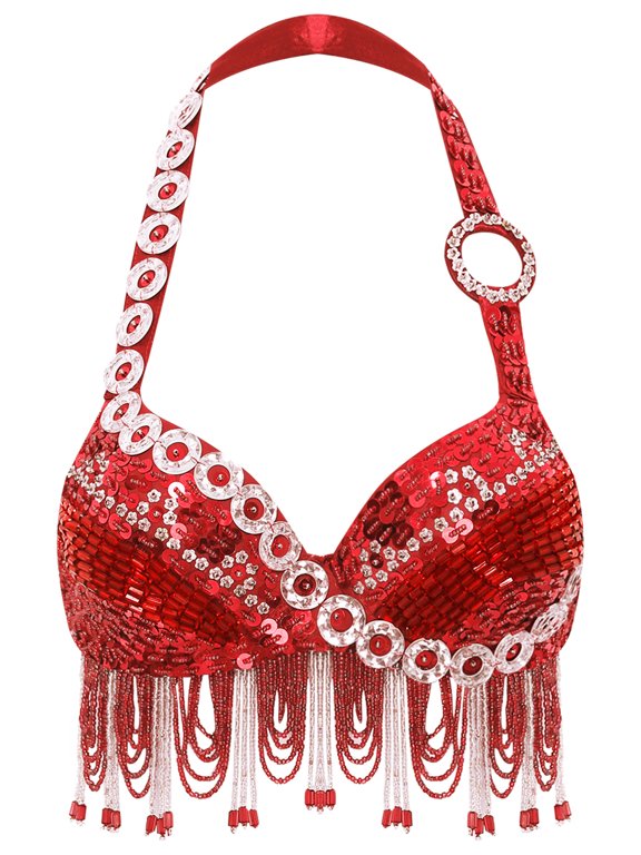 Womens Shiny Sequins Hang Neck Bra Belly Dance Boho Rave Festival Tribal Rhinestone Bandeau Tops Red S/34