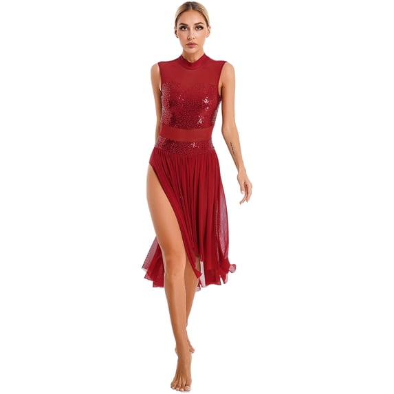 TiaoBug Womens Shiny Sequins Lyrical Dance Dress Sheer Mesh Split Flowy Long Wrap Skirt Burgundy XL