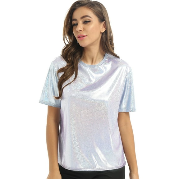 TiaoBug Womens Short Sleeve Shiny Metallic Holographic Tops Disco T-Shirt Blouse White M