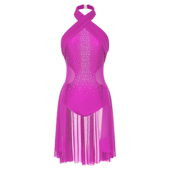 TiaoBug Womens Sleeveless Mesh Splice Leotard Figure Ice Skating Dress Lyrical Modern Dance Costume Hot Pink XL