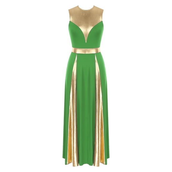 TiaoBug Womens Sleeveless Worship Dance Dress Metallic Patchwork Dancewear Church Praise Dance Costume Green XL