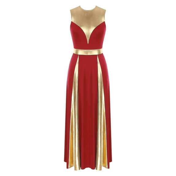 TiaoBug Womens Sleeveless Worship Dance Dress Metallic Patchwork Dancewear Church Praise Dance Costume Red M