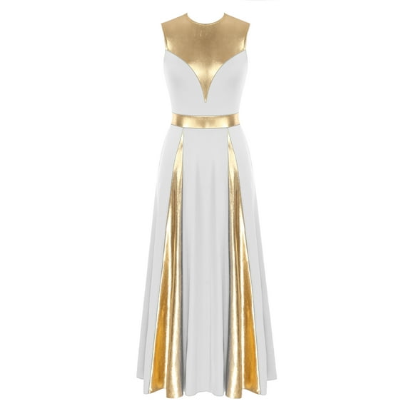 TiaoBug Womens Sleeveless Worship Dance Dress Metallic Patchwork Dancewear Church Praise Dance Costume White M