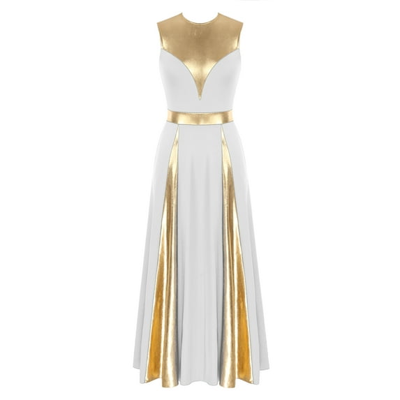 TiaoBug Womens Sleeveless Worship Dance Dress Metallic Patchwork Dancewear Church Praise Dance Costume White S