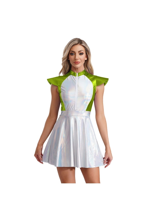 Womens Space Alien Costume Glitter Astronaut Robot Cosplay Outfit Flared A-line Mini Dress Green M