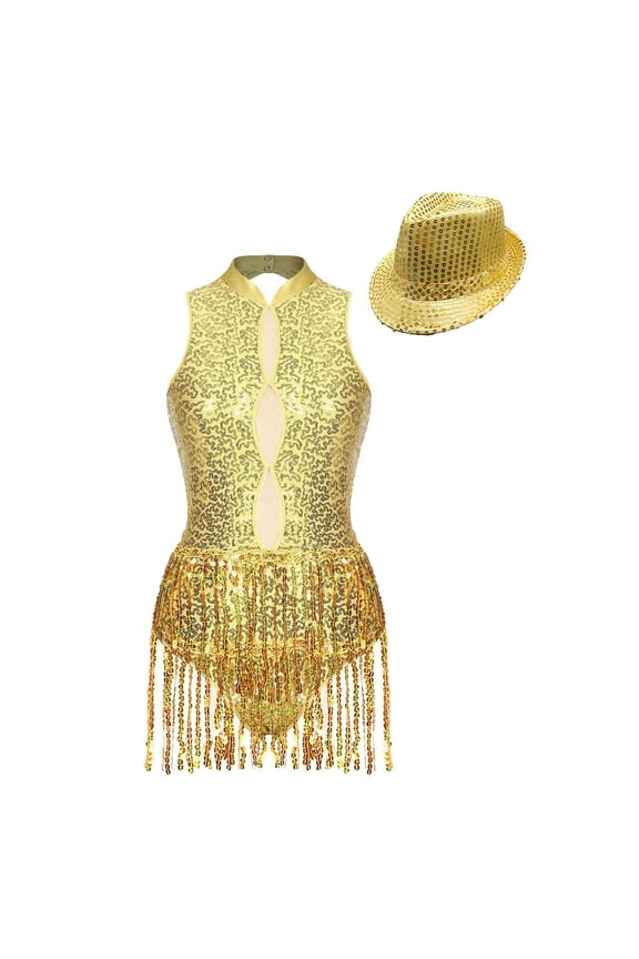 Womens Sparkle Sequin Sleeveless Leotard with Hat Modern Tap Fringed Skirt Dancewear Dance Outfit Costume Gold L