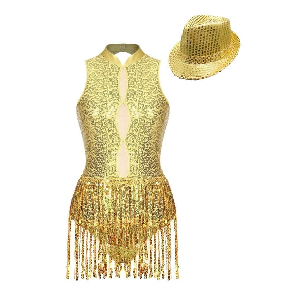TiaoBug Womens Sparkle Sequin Sleeveless Leotard with Hat Modern Tap Fringed Skirt Dancewear Dance Outfit Costume Gold XXL