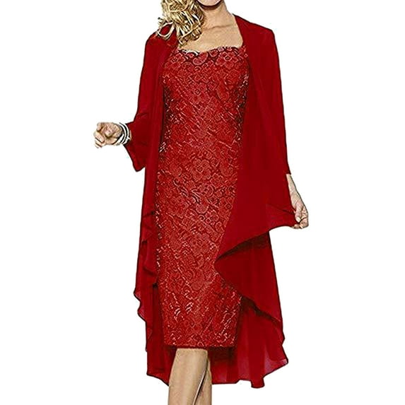 TiaoBug Womens Wedding Guest Dress Suit Floral Lace Sleeveless Bride Dress with Chiffon Cardigan Sets Burgundy M