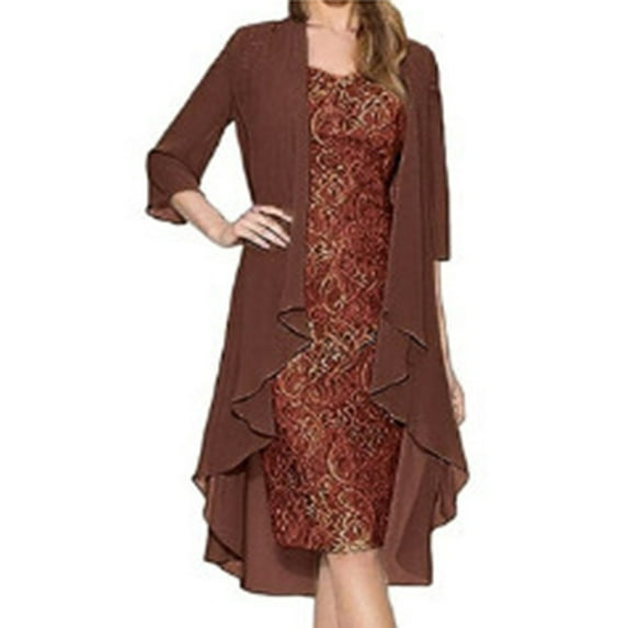 TiaoBug Womens Wedding Guest Dress Suit Floral Lace Sleeveless Bride Dress with Chiffon Cardigan Sets Chocolate XL