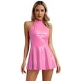 thumbnail image 1 of TiaoBug Womens Wet Look Patent Leather Dress Sleeveless Halter A-line Cocktail Club Mini Dress Pink XL, 1 of 7