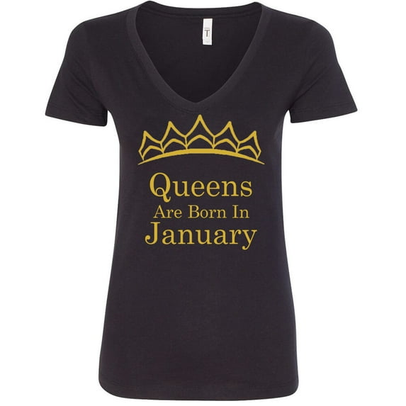 Tiara Gold Queens Are Born In January V Neck Shirt Birthday Gift Lady Tee Color Black Small