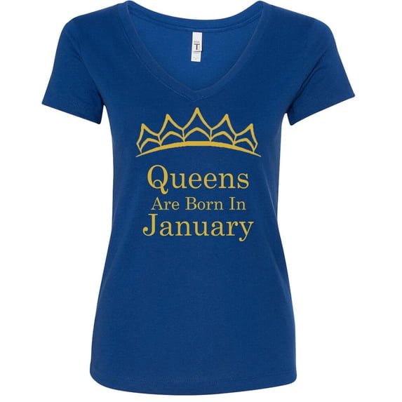 Tiara Gold Queens Are Born In January V Neck Shirt Birthday Gift Lady Tee Color Royal Blue Medium
