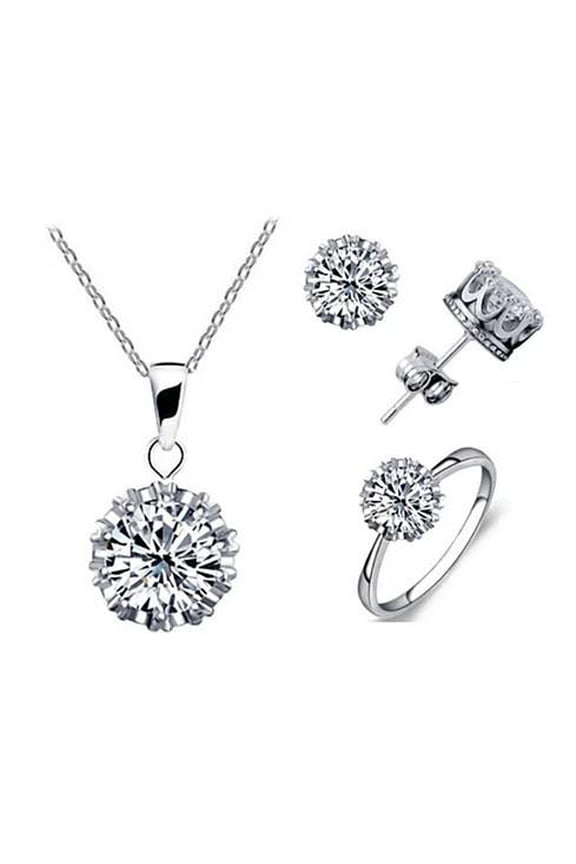 Tiara Set Of 4 Necklace Pendant Ring And Stud Earrings In Silver Plated Crown Setting