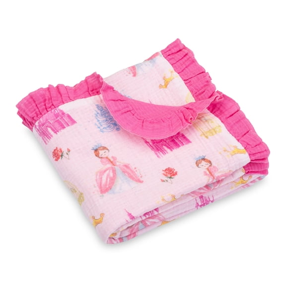 LollyBanks Ruffle Baby Girl Blanket, Organic Cotton Muslin Receiving Blanket, 40 x 36 in, Princess Print