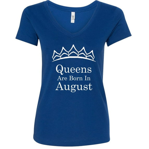 Tiara WHITE Queens Are Born In August Print VNECK shirt Lady Tee Birthday Gift Color Navy Blue 2X-Large