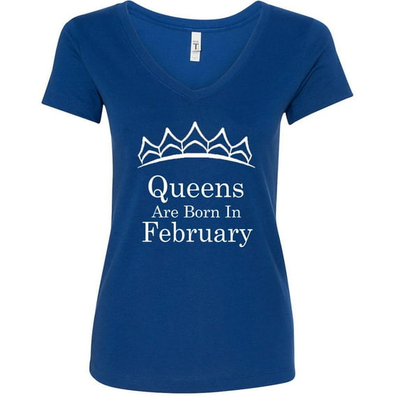 Tiara White Queens Are Born In February V Neck Shirt Birthday Gift Lady Tee Color Royal Blue Large