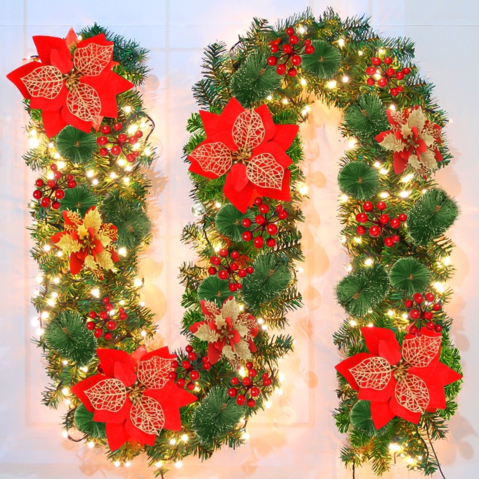 Tiazhan Christmas Garland,Green Rattan with Red Berries Decor, Christmas Garland for Stairs Fireplaces Doors Xmas Tree Garden Yard Christmas Decoration Indoor Outdoor
