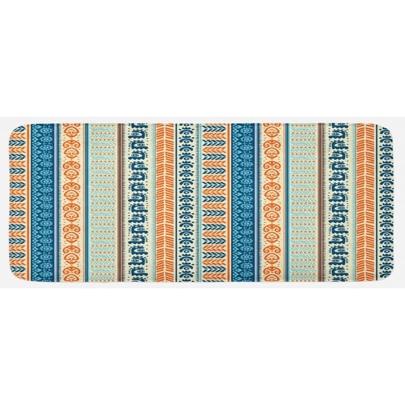 Tibal Kitchen Mat, Vintage Pattern with Folk Artisan Art, Plush Decorative Kitchen Mat with Non Slip Backing, 47" X 19", Merigold Blue, by Ambesonne