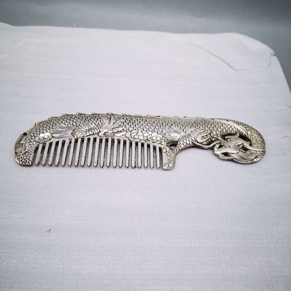 Tibet Silver Handmade Dragon Comb Statue Old Chinese