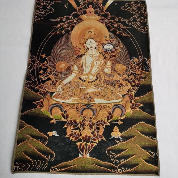 Tibet Tibetan Cloth Silk Buddhism White Tara Guanyin Tangka Thangka Mural 36"
