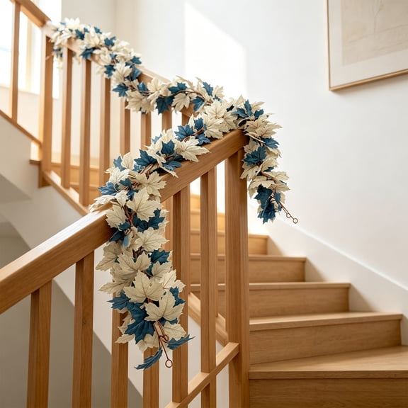 Tibetan Blue Two Color Simulation Maple Leaf Vines, Long Artificial Fall Leaf Vines for Staircase Dining Table Fireplace, White
