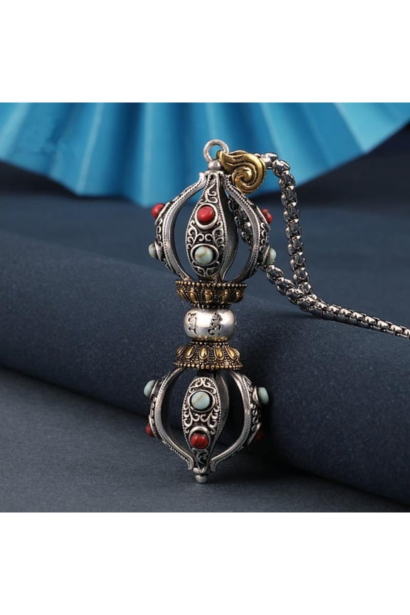 Tibetan Brass Vajra Dorje Pendant Mantra Amulet Necklace Buddhist Hanging Ornament Spiritual Jewelry for Men Protection Gift