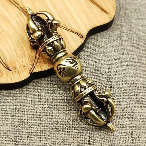Tibetan Brass Vajra Keychain Five Prong Dorje Amulet Om Mani Padme Hum Handmade Buddhist Accessory