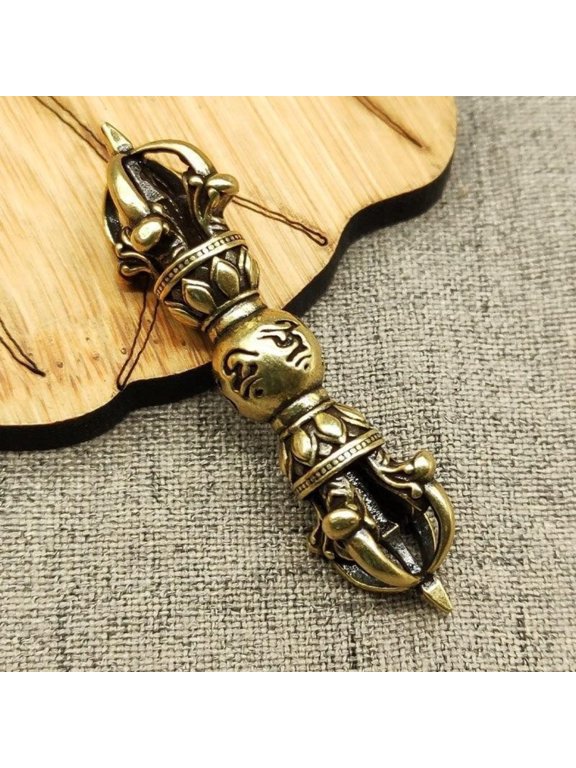 Tibetan Brass Vajra Keychain Five Prong Dorje Amulet Om Mani Padme Hum Handmade Buddhist Accessory