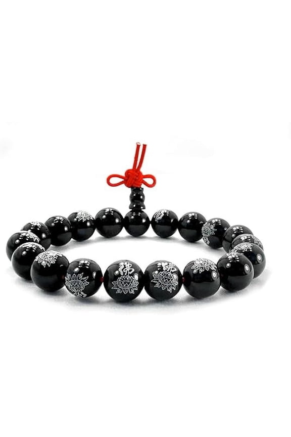 Tibetan Buddhist Black Obsidian Beaded Bracelet, Feng Shui Protection Stretch Bracelet, Engraved Lotus Beads, Unisex, Women, Men, Meditation, Prayer