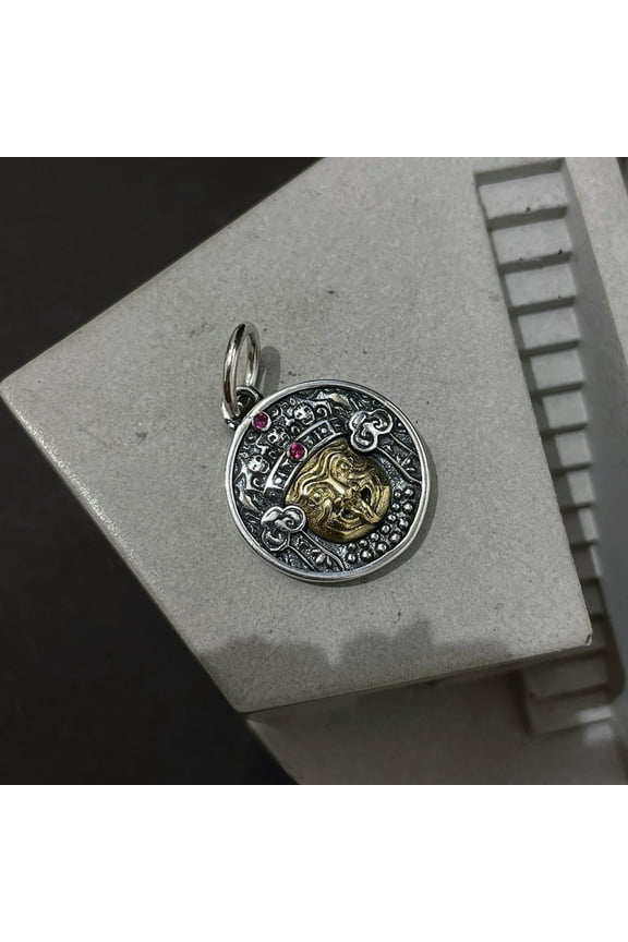 Tibetan Buddhist Pendant Necklace Round Amulet Charm Vintage Style Jewelry for Men Women Meditation Prayer Accessory