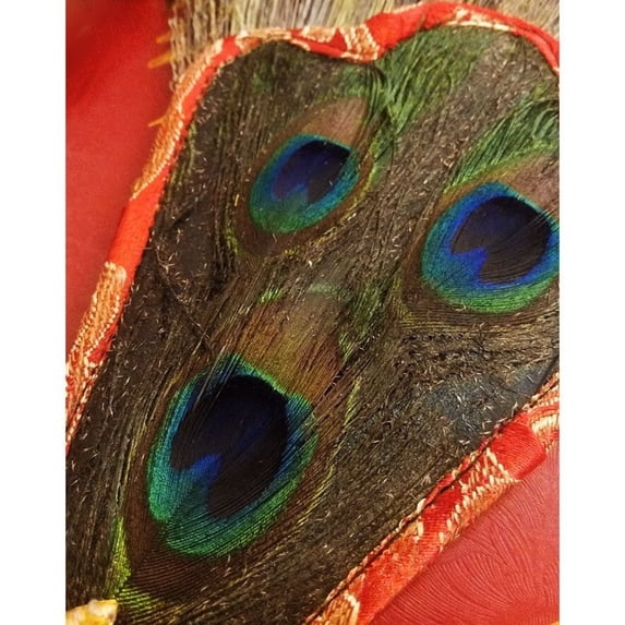 Tibetan Buddhist Three-Eyed Peacock Feather Fan Ritual Practice Tool 35cm Religious Artifact for Puja and Ceremony