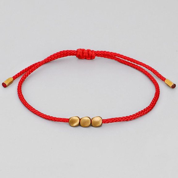 Tibetan Copper Bead Bracelet Unisex, QQZ Alloy Rope Bangle Set with Wax Thread, 6 Chain Adjustable Wristband for Daily Wear Anniversary Party Gift, Red